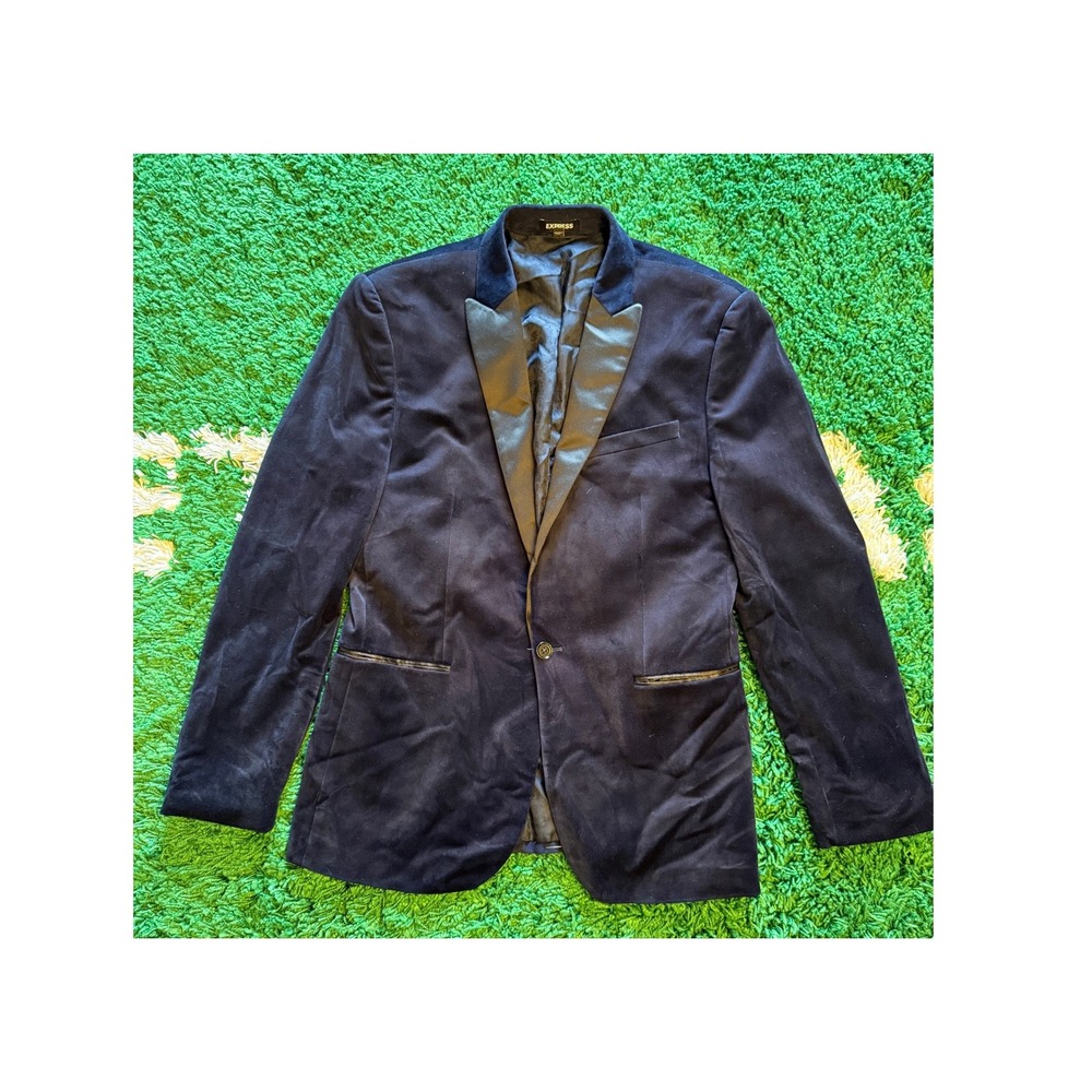 Express Velvet Tuxedo Blazer Mens 40R Navy Blue Excellent Slim Fit Peak Lapel
